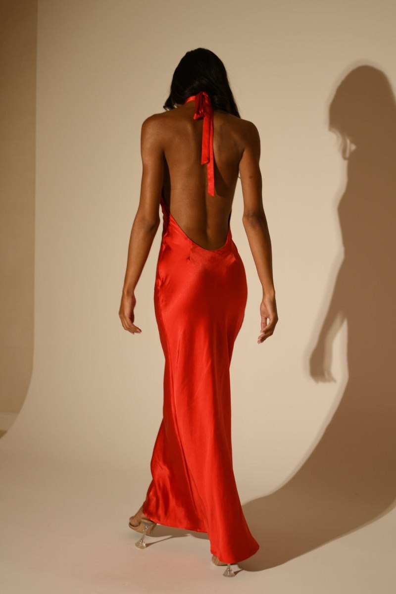 Women's Meshki Marvelle Satin Halter Maxi Dress Red Australia | B0D-5067