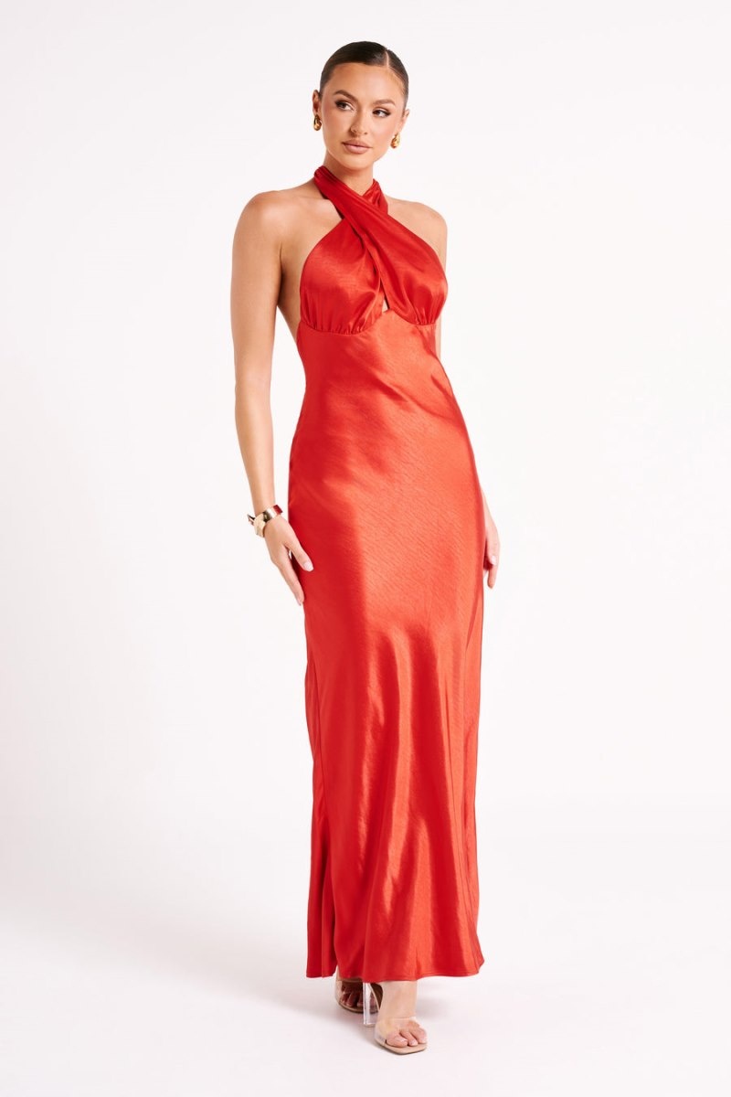 Women's Meshki Marvelle Satin Halter Maxi Dress Red Australia | B0D-5067