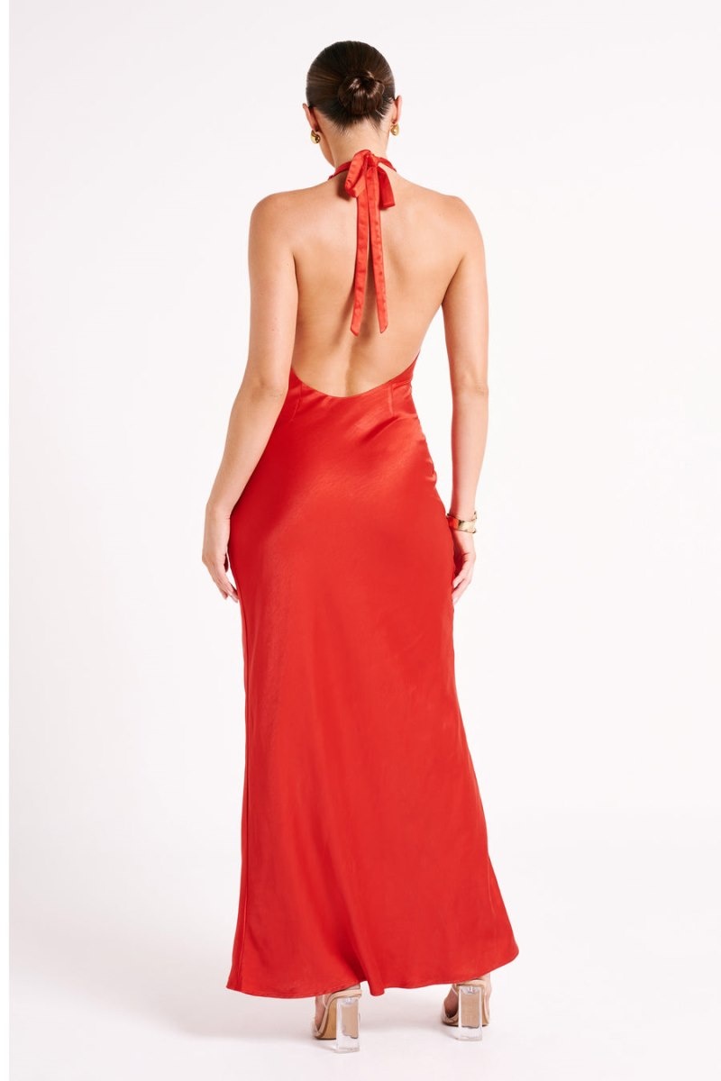 Women's Meshki Marvelle Satin Halter Maxi Dress Red Australia | B0D-5067