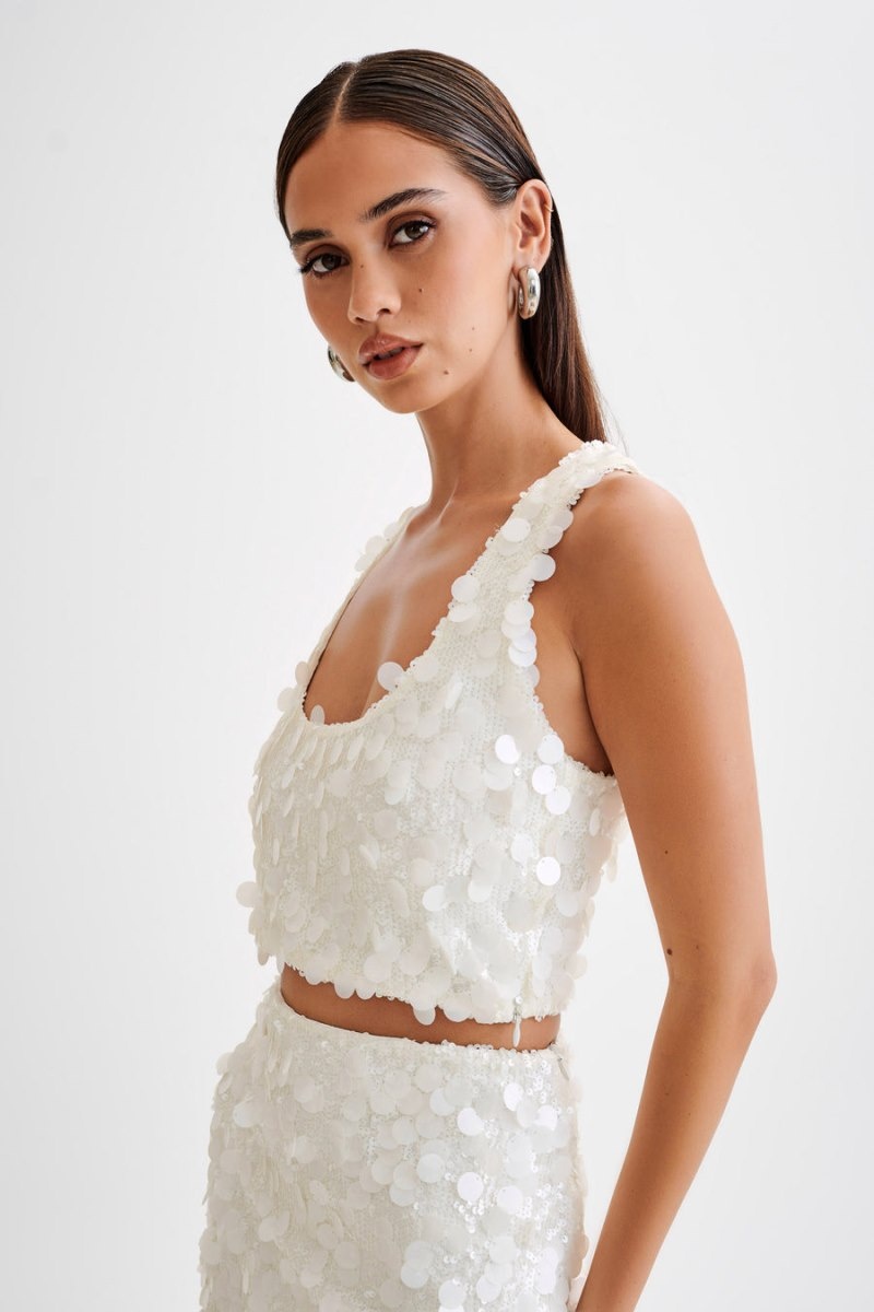 Women's Meshki Maude Transparent Sequin Racer Crop Tops White Australia | I8N-9357