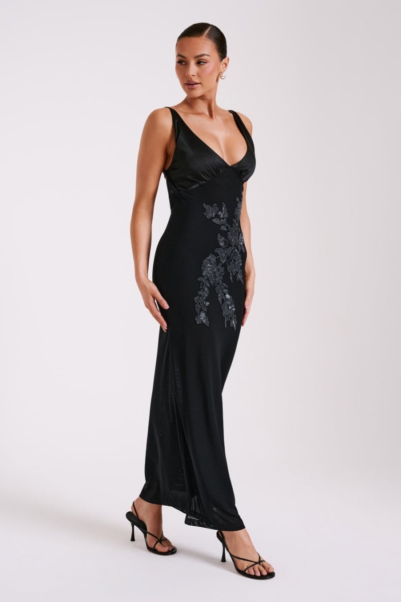 Women's Meshki Maya Beaded Mesh Maxi Dress Black Australia | K4C-6259