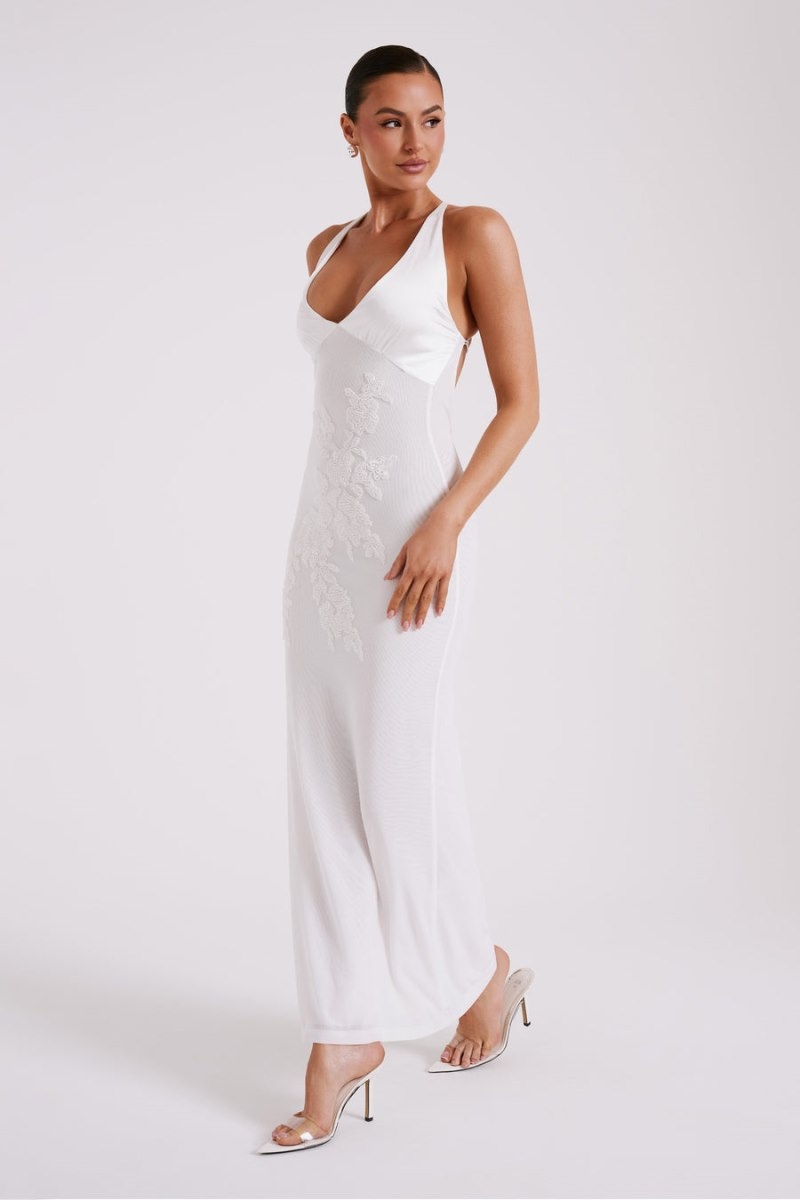 Women's Meshki Maya Beaded Mesh Maxi Dress White Australia | Z2P-1304