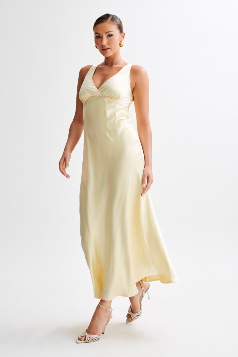 Women's Meshki Meghan Short Sleeve Satin Maxi Dress Lemon Australia | A0I-4592