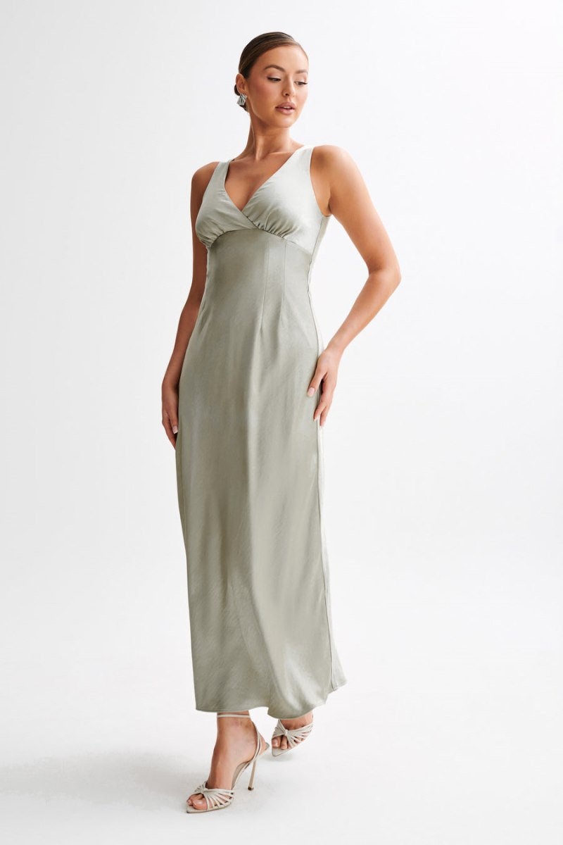 Women's Meshki Meghan Short Sleeve Satin Maxi Dress Green Australia | C4J-8186