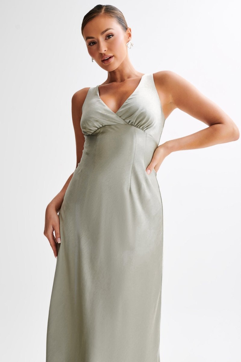 Women's Meshki Meghan Short Sleeve Satin Maxi Dress Green Australia | C4J-8186