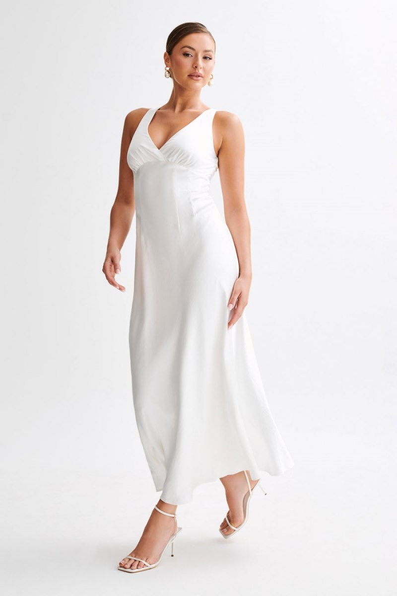 Women's Meshki Meghan Short Sleeve Satin Maxi Dress White Australia | J5J-5317