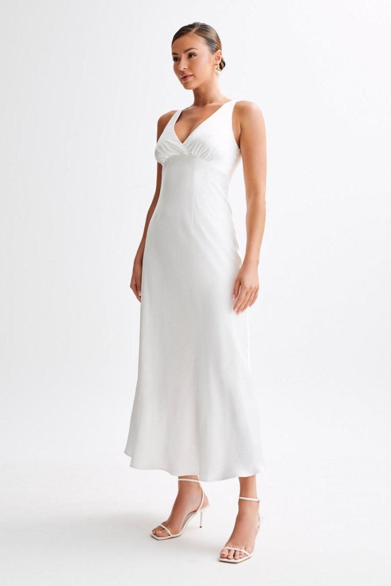 Women's Meshki Meghan Short Sleeve Satin Maxi Dress White Australia | J5J-5317