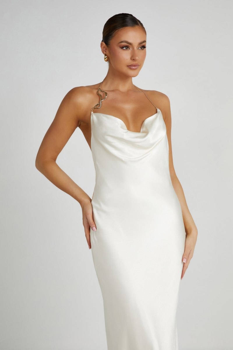 Women's Meshki Melissa Satin Cowl Front Maxi Dress White Australia | Y4Q-8232