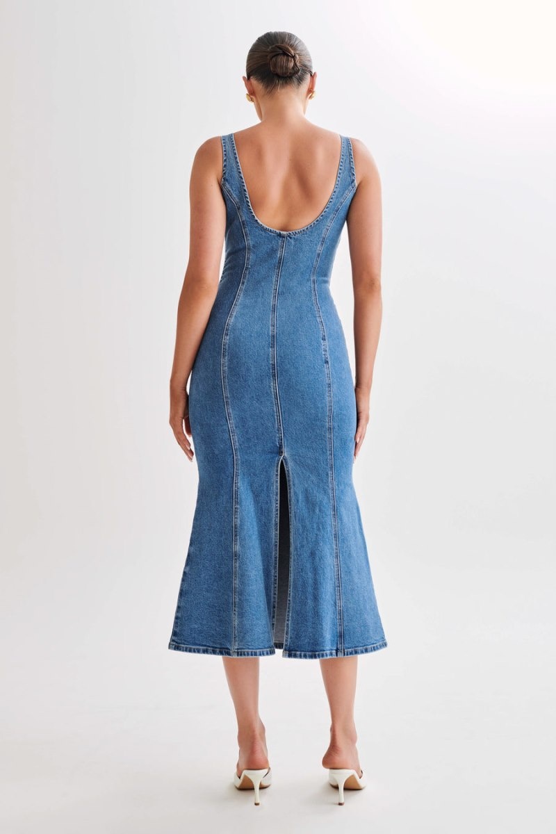 Women's Meshki Milena Denim Midi Dress Blue Australia | P5Q-5634