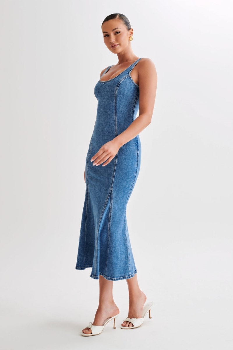 Women's Meshki Milena Denim Midi Dress Blue Australia | P5Q-5634