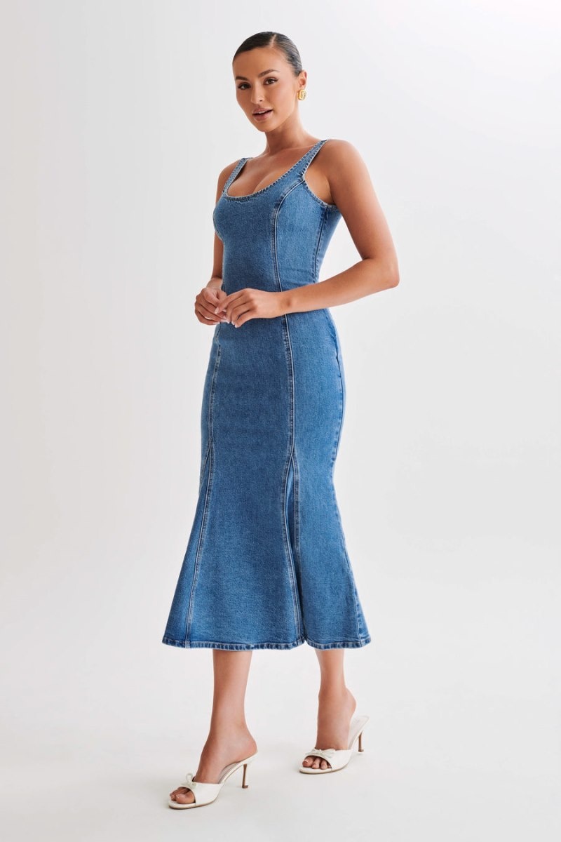 Women's Meshki Milena Denim Midi Dress Blue Australia | P5Q-5634