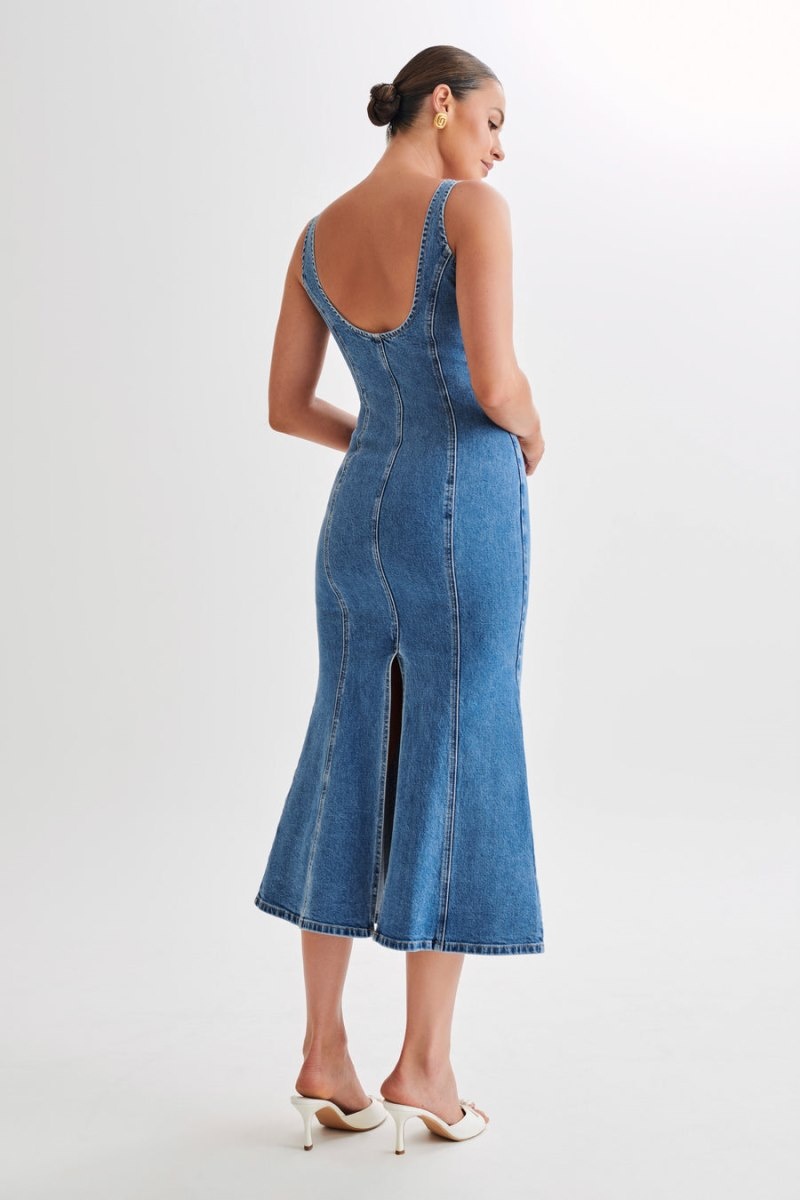 Women's Meshki Milena Denim Midi Dress Blue Australia | P5Q-5634