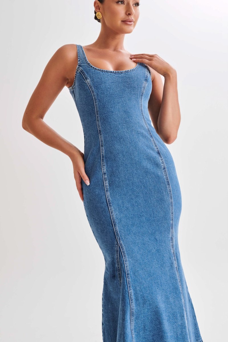 Women's Meshki Milena Denim Midi Dress Blue Australia | P5Q-5634