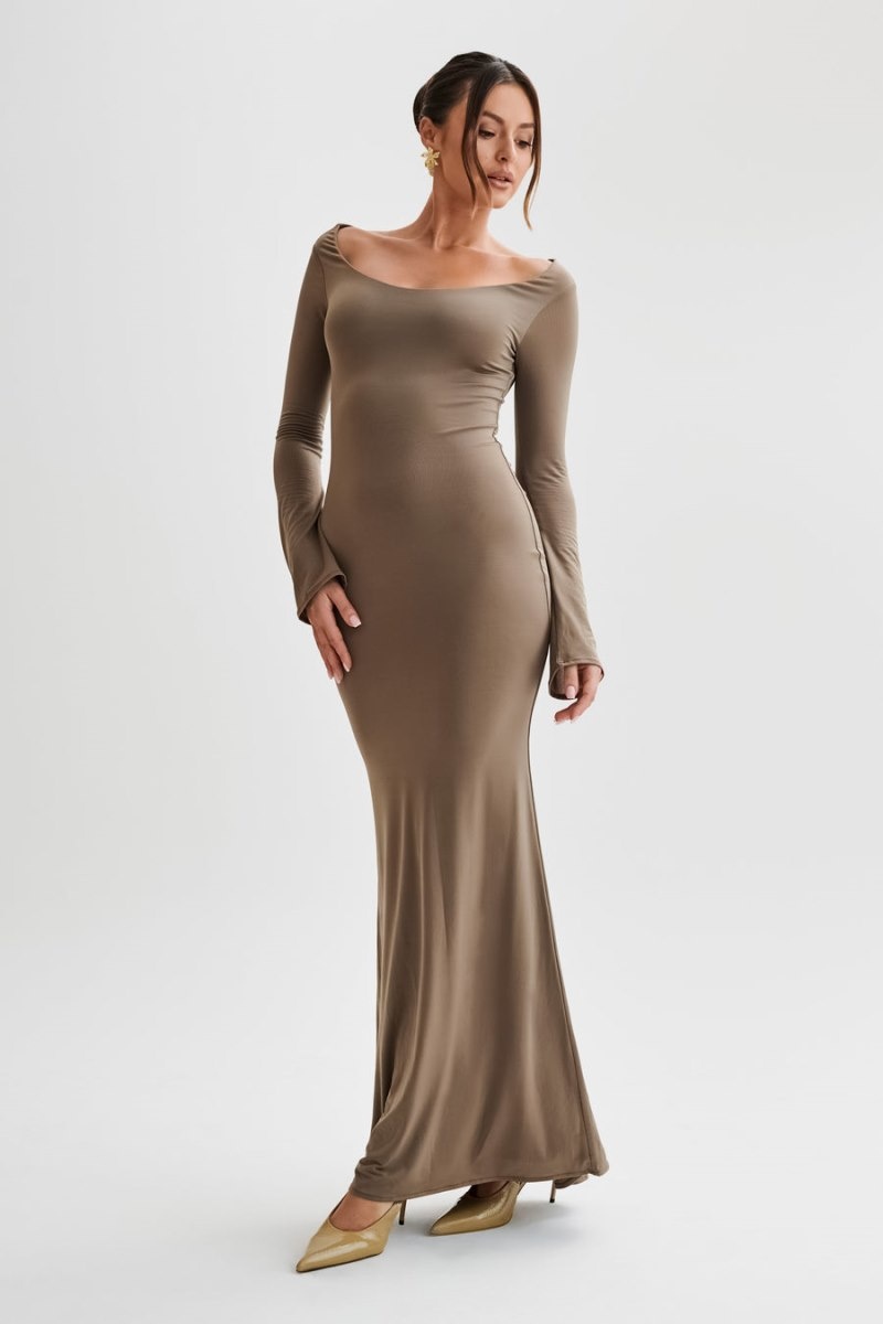 Women's Meshki Millicent Slinky Long Sleeve Maxi Dress Chocolate Australia | Q2E-7861