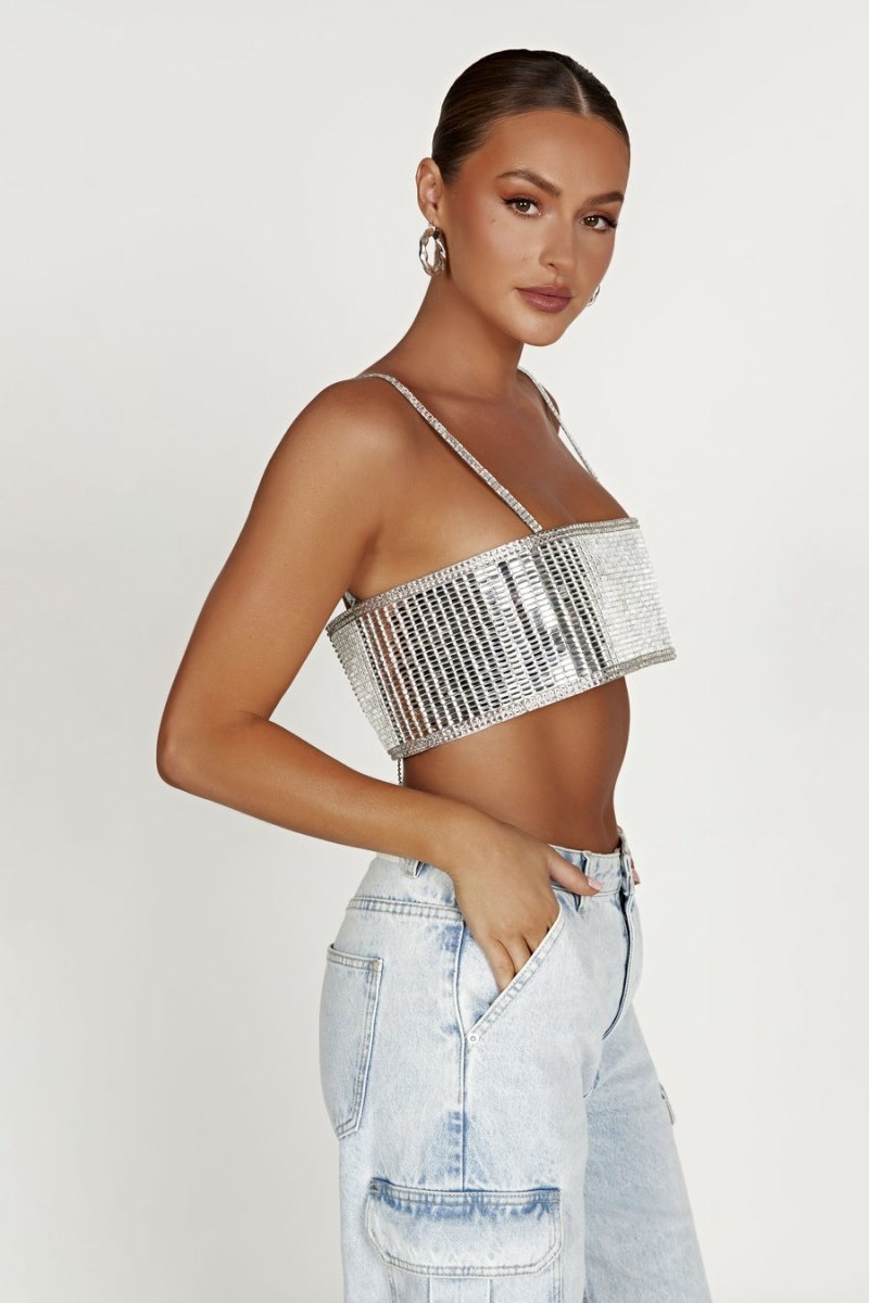 Women's Meshki Miriam Mirror Crop Tops Silver Australia | Y2U-2171