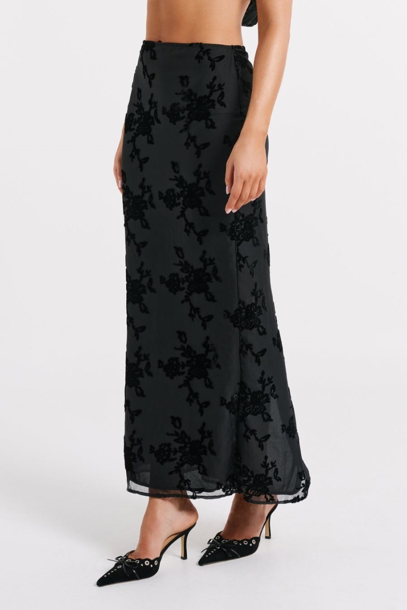 Women's Meshki Mona Burnout Velvet Maxi Skirts Black Australia | F3D-5833