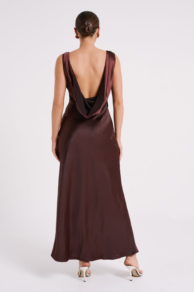 Women's Meshki Nadia Satin Back Cowl Maxi Dress Dark Chocolate Australia | B9H-2650