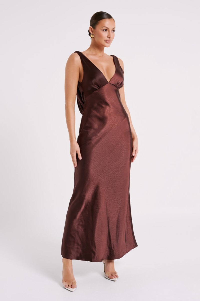 Women's Meshki Nadia Satin Back Cowl Maxi Dress Dark Chocolate Australia | B9H-2650