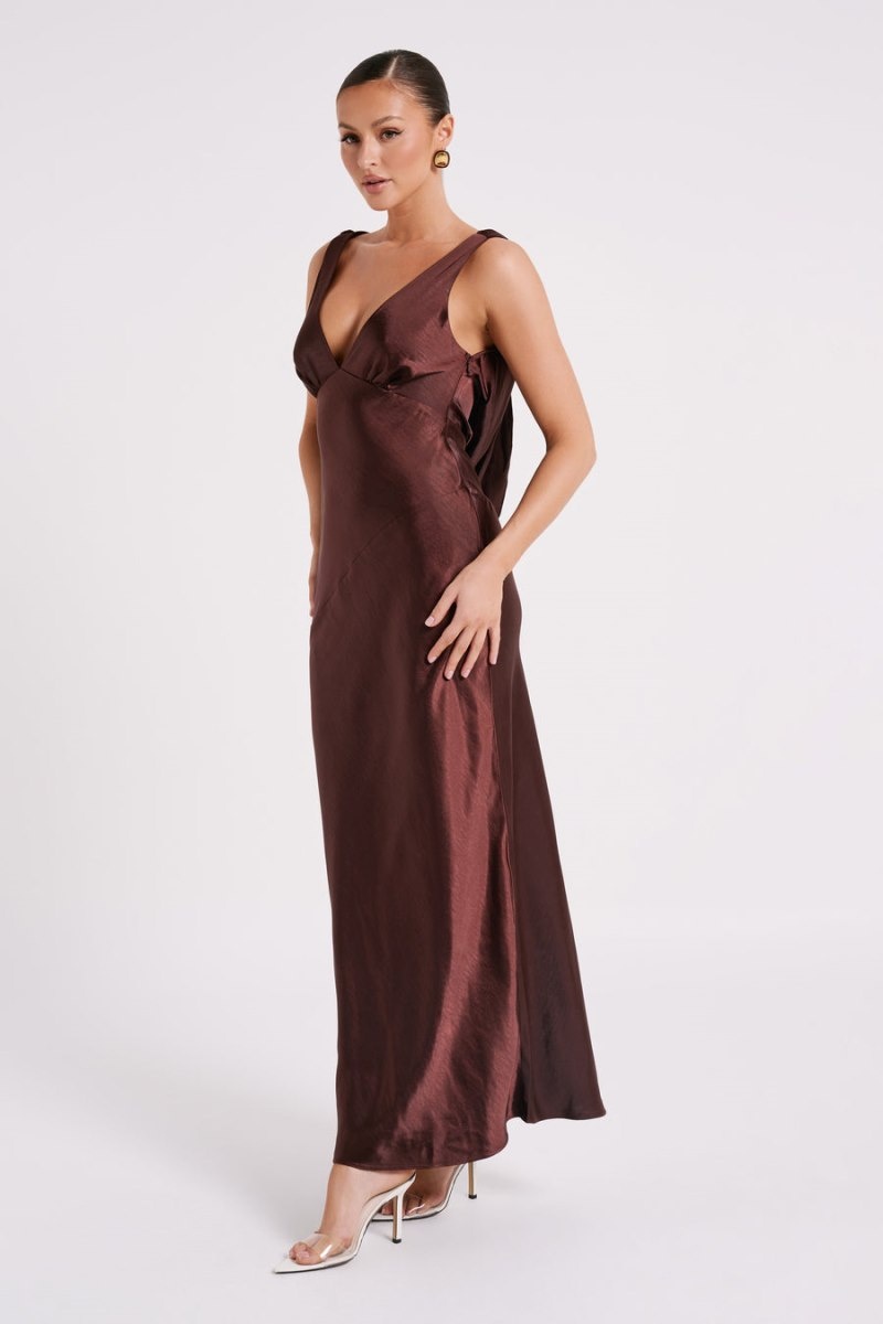 Women's Meshki Nadia Satin Back Cowl Maxi Dress Dark Chocolate Australia | B9H-2650