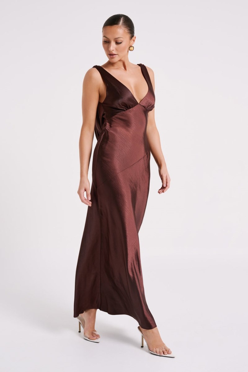 Women's Meshki Nadia Satin Back Cowl Maxi Dress Dark Chocolate Australia | B9H-2650