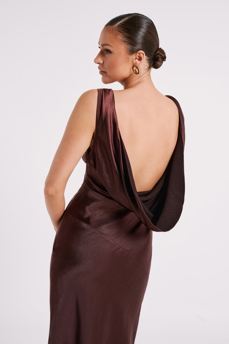 Women's Meshki Nadia Satin Back Cowl Maxi Dress Dark Chocolate Australia | B9H-2650