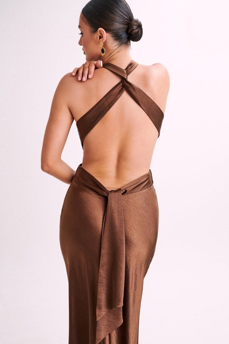 Women's Meshki Nalani Satin Halter Maxi Dress Chocolate Australia | N1V-2412