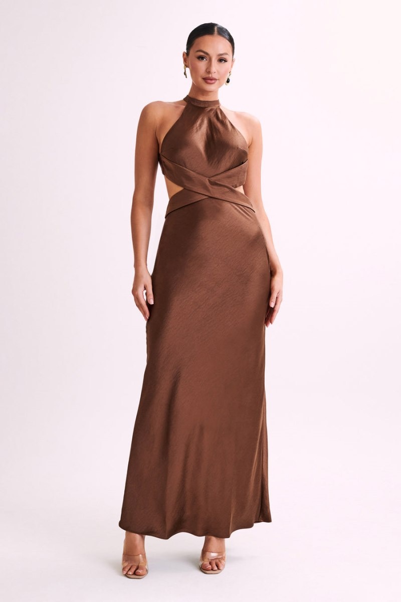 Women's Meshki Nalani Satin Halter Maxi Dress Chocolate Australia | N1V-2412