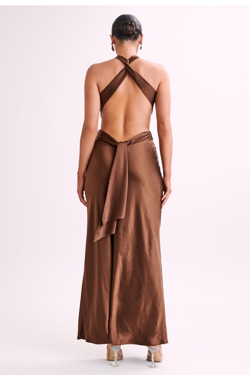 Women's Meshki Nalani Satin Halter Maxi Dress Chocolate Australia | N1V-2412