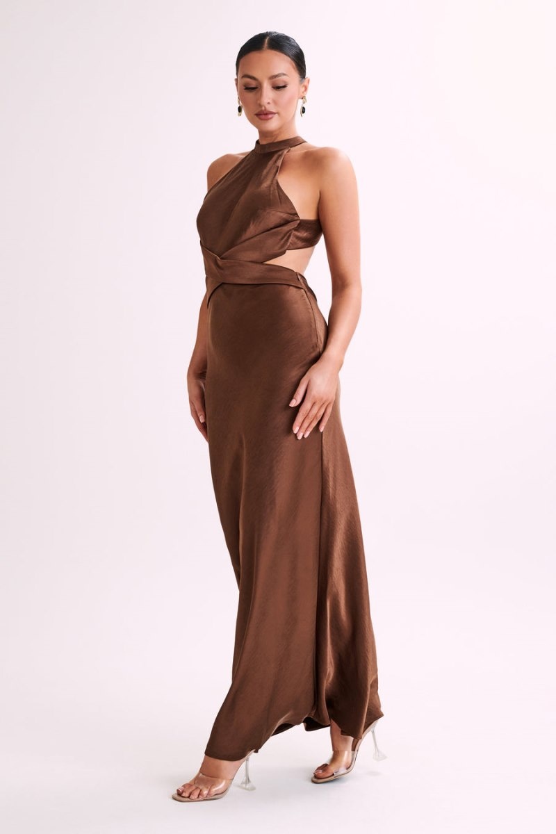 Women's Meshki Nalani Satin Halter Maxi Dress Chocolate Australia | N1V-2412