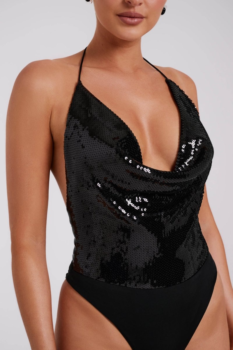 Women's Meshki Nathalie Sequin Cowl Bodysuit Black Australia | M4Z-1782