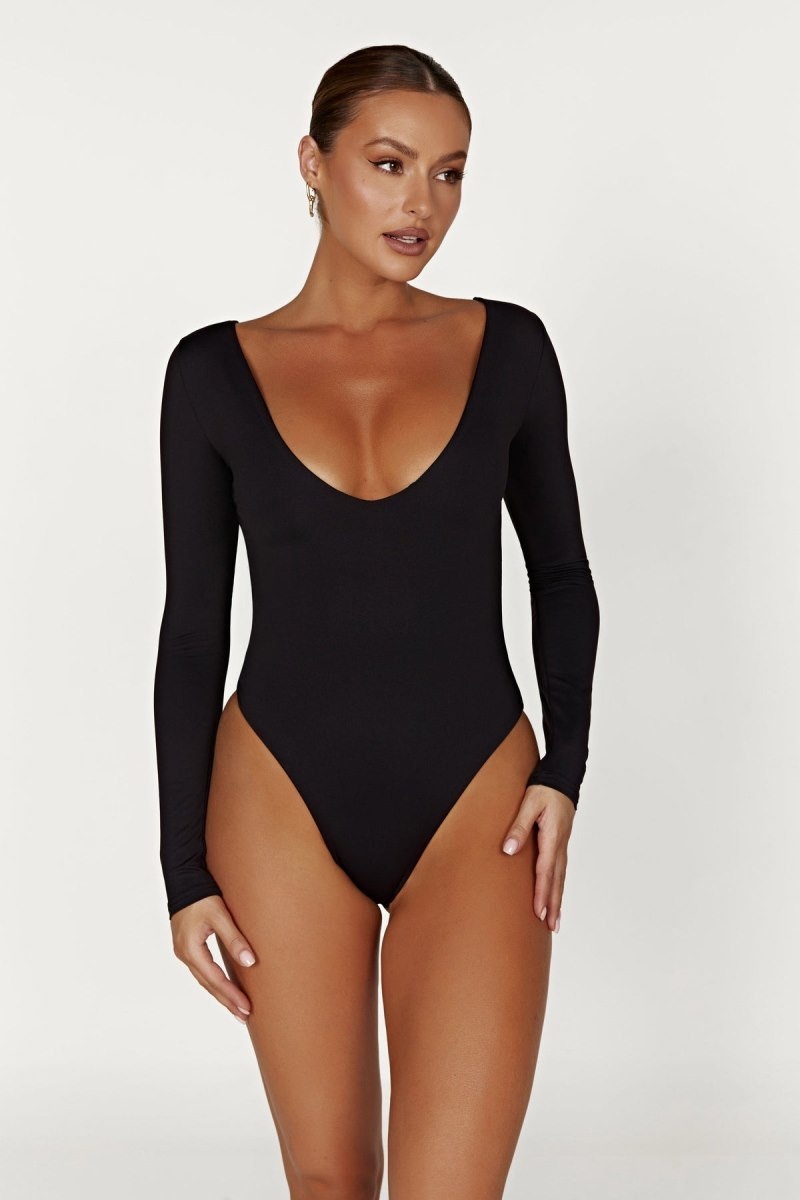 Women\'s Meshki Nia Long Sleeve V Neck Bodysuit Black Australia | C4T-3102