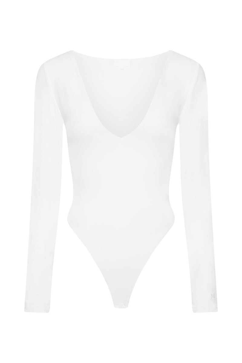 Women's Meshki Nia Long Sleeve V Neck Bodysuit White Australia | J4X-9837