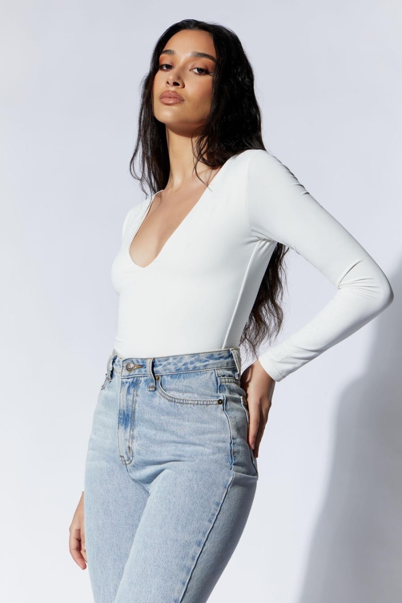 Women's Meshki Nia Long Sleeve V Neck Bodysuit White Australia | J4X-9837