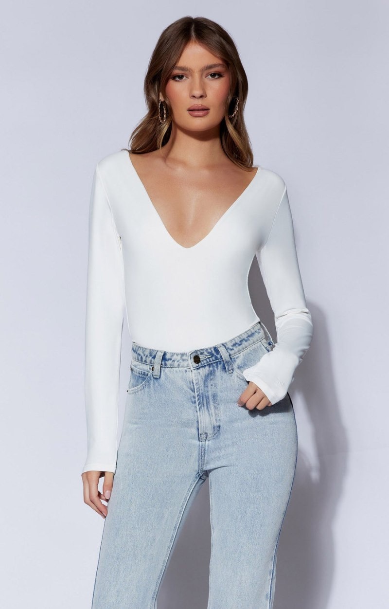 Women's Meshki Nia Long Sleeve V Neck Bodysuit White Australia | J4X-9837