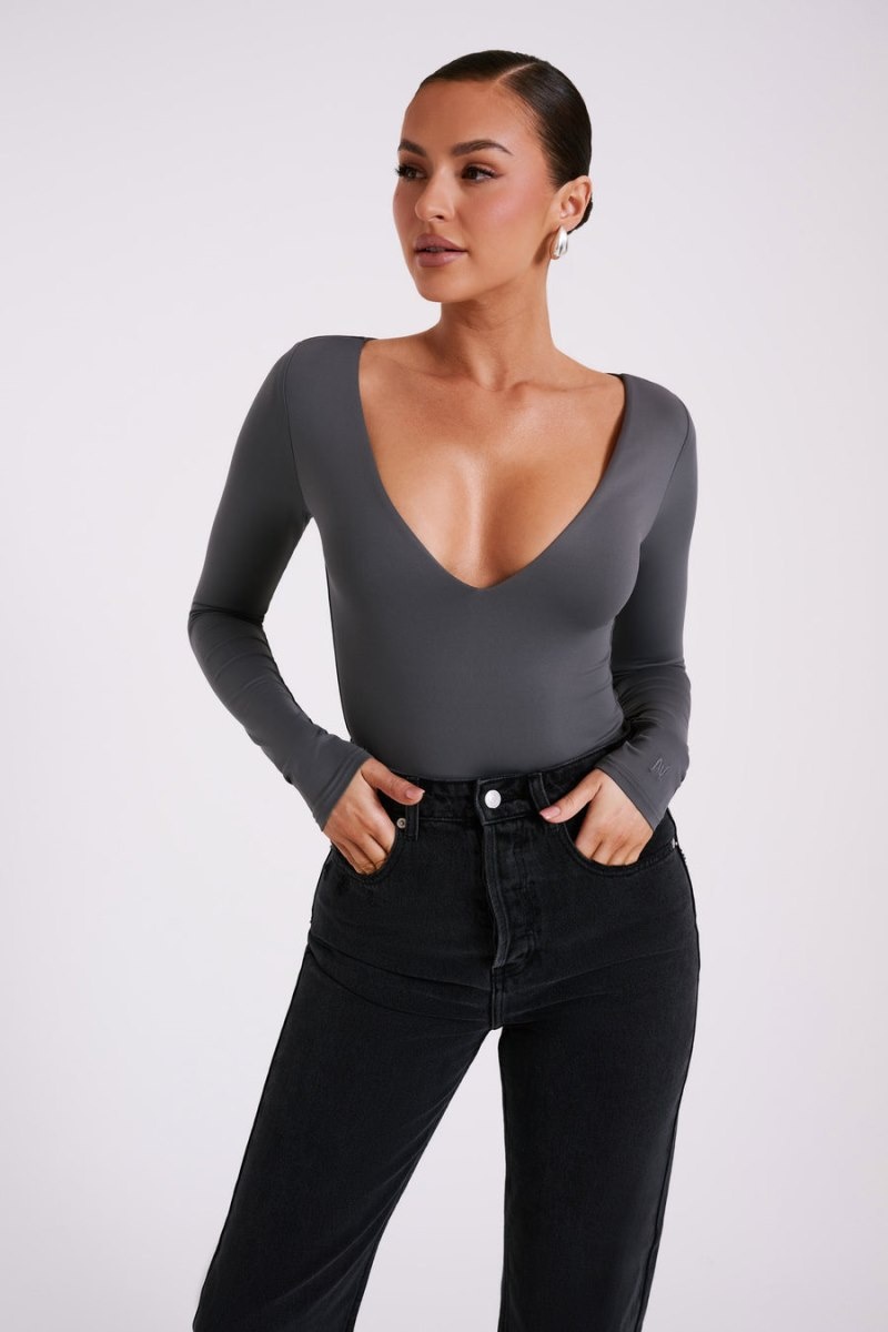 Women's Meshki Nia Long Sleeve V Neck Bodysuit Deep Grey Australia | G2P-6330