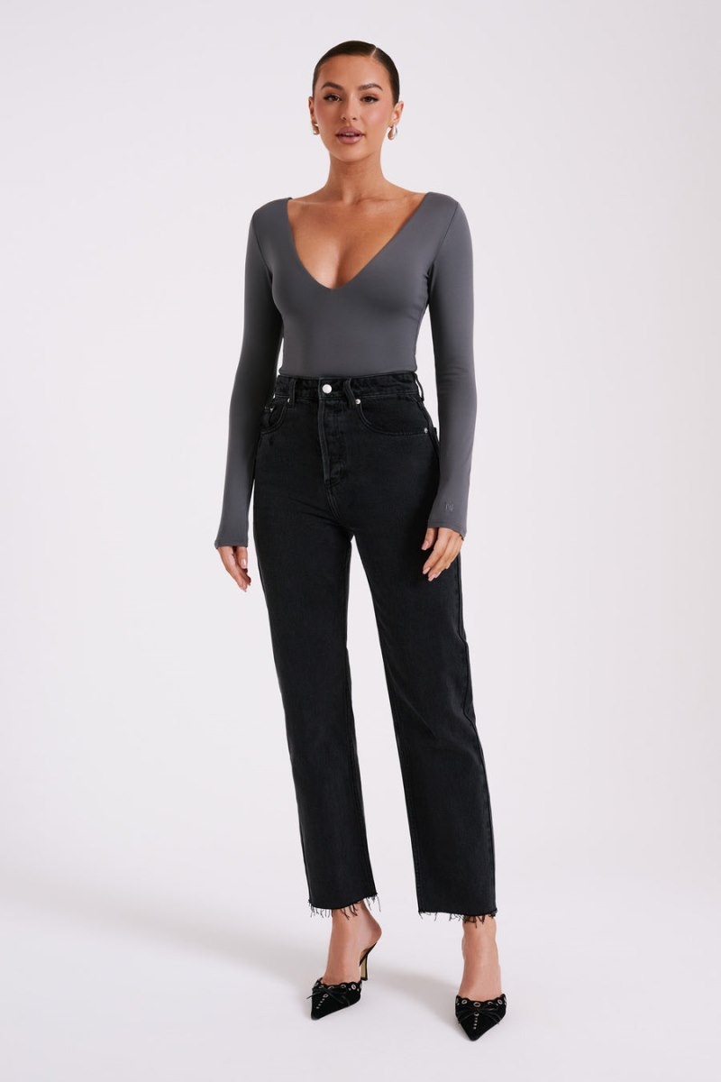 Women's Meshki Nia Long Sleeve V Neck Bodysuit Deep Grey Australia | G2P-6330