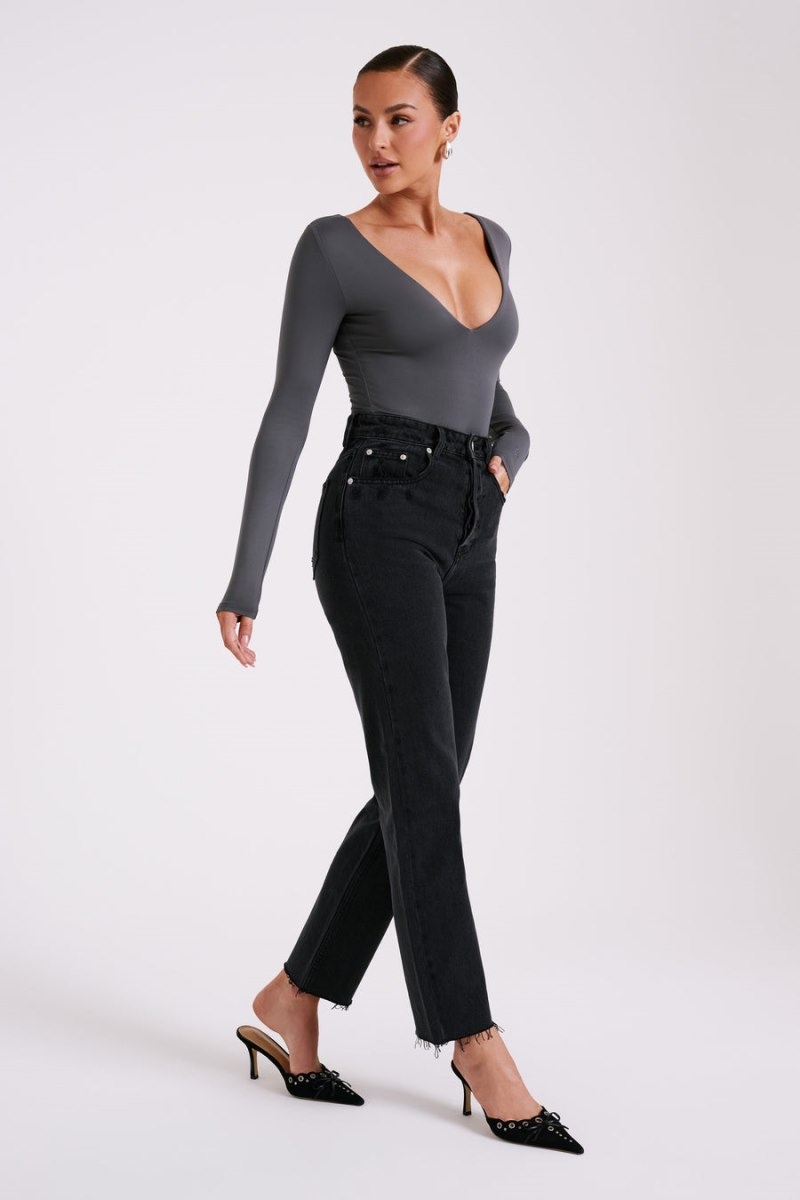 Women's Meshki Nia Long Sleeve V Neck Bodysuit Deep Grey Australia | G2P-6330