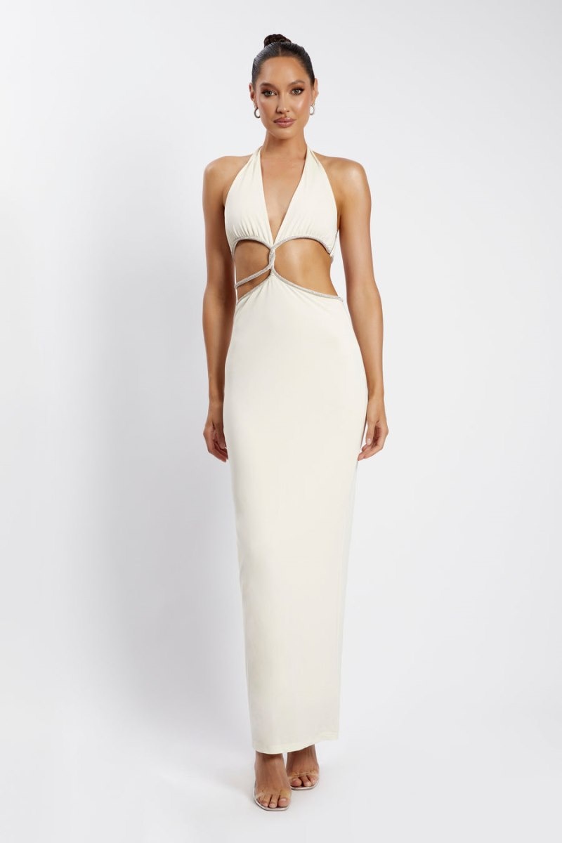 Women's Meshki Nicha Diamante Cut Out Maxi Dress Cream Australia | G9M-4373