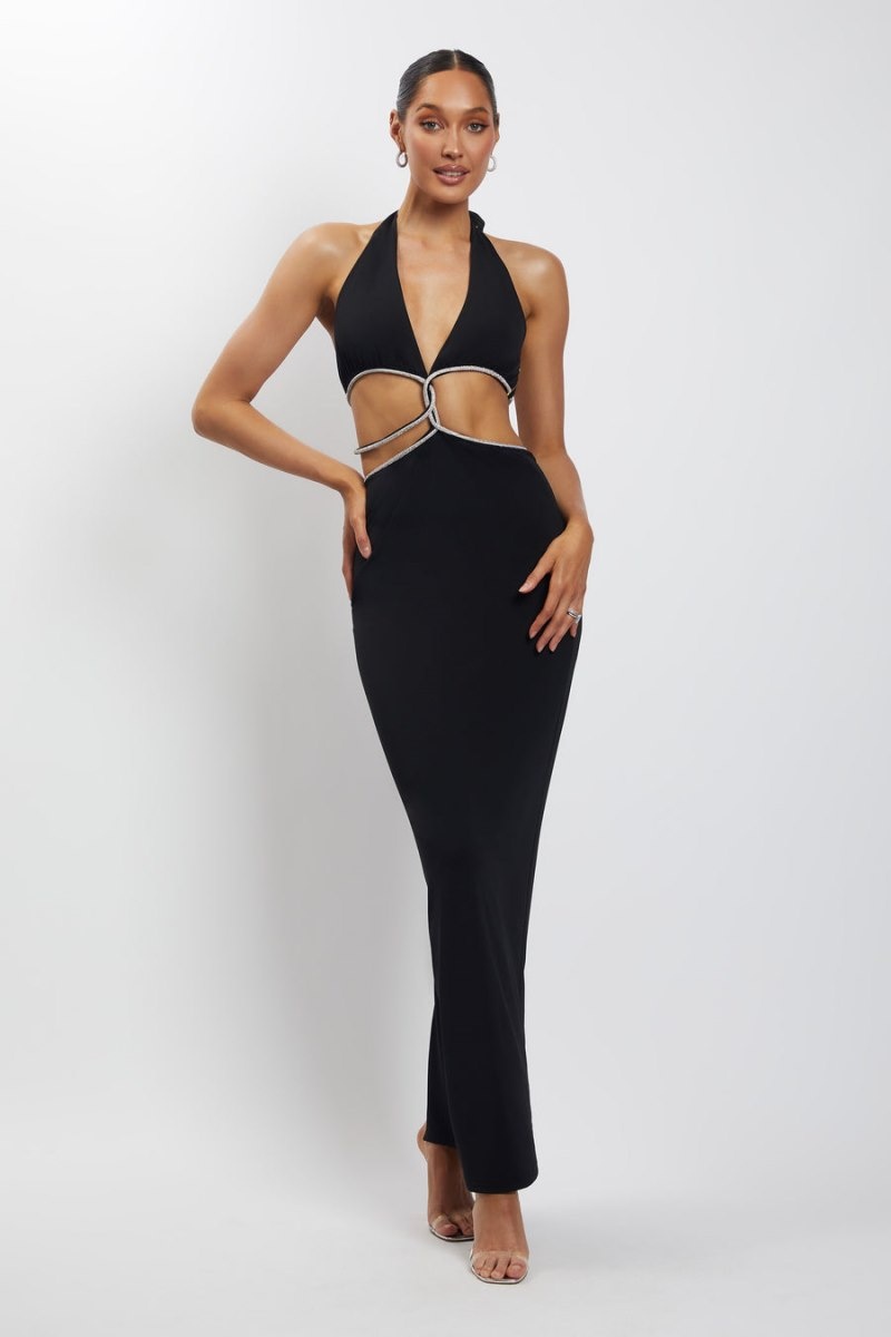 Women's Meshki Nicha Diamante Cut Out Maxi Dress Black Australia | A3U-5701