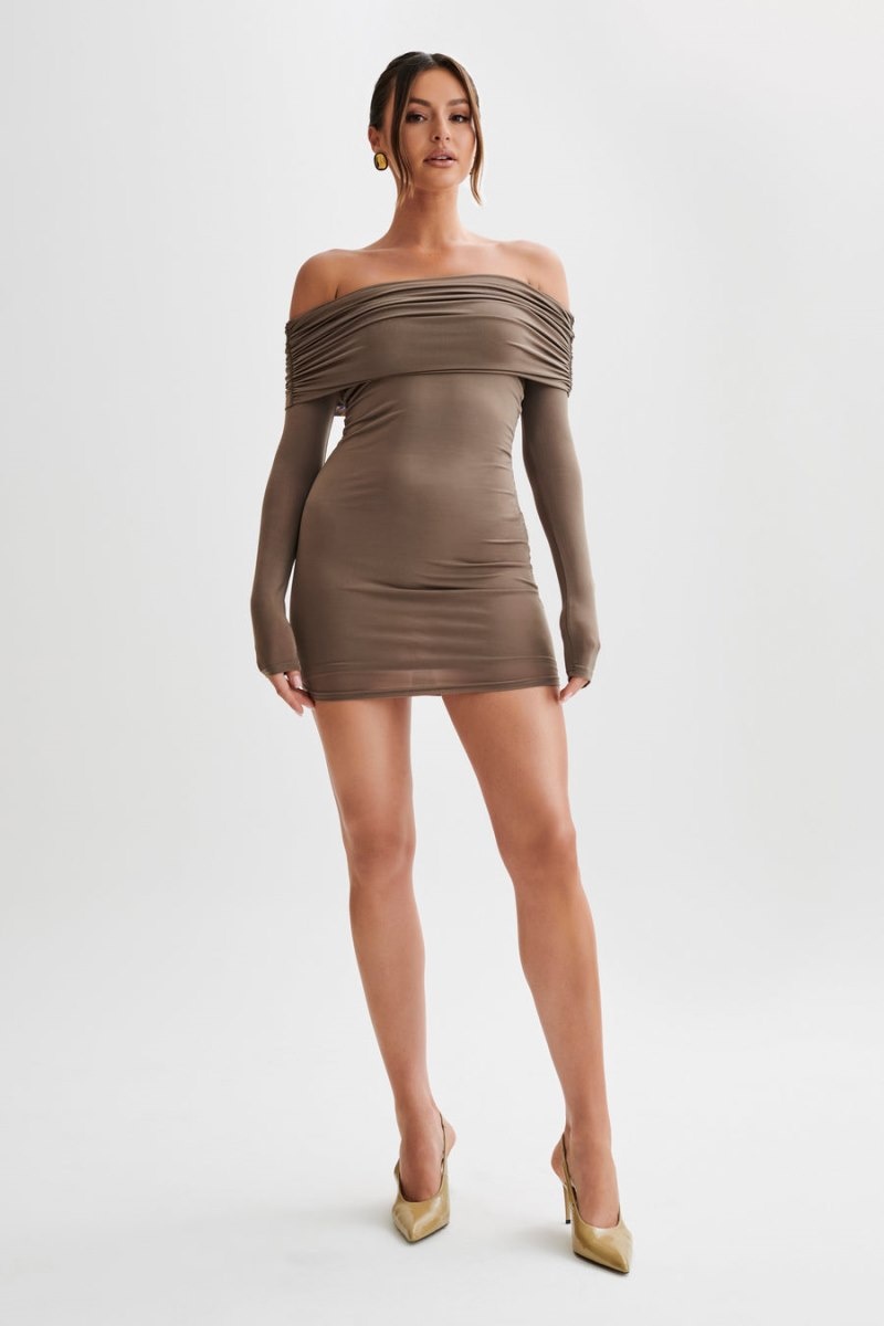 Women's Meshki Nicky Off Shoulder Slinky Mini Dress Chocolate Australia | I5Y-9842