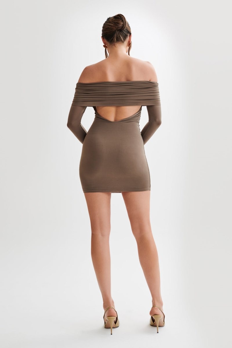 Women's Meshki Nicky Off Shoulder Slinky Mini Dress Chocolate Australia | I5Y-9842