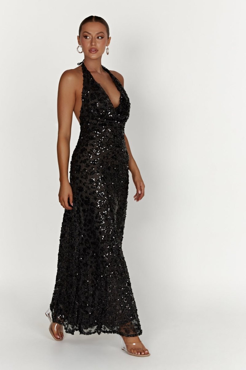 Women's Meshki Nicola Plunge Neck Sequin Maxi Dress Black Australia | R2J-5897