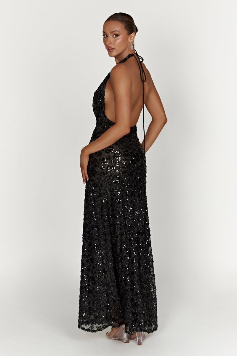 Women's Meshki Nicola Plunge Neck Sequin Maxi Dress Black Australia | R2J-5897