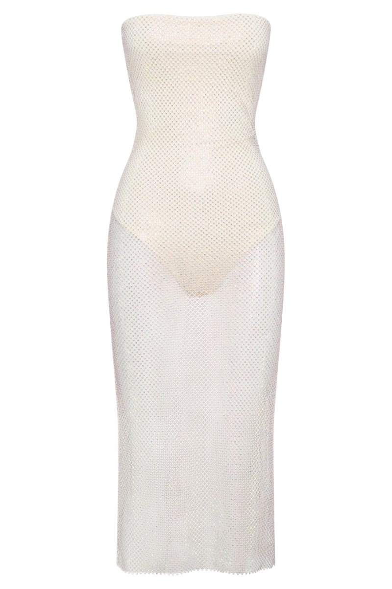 Women's Meshki Nima Diamante Mesh Midi Dress Cream Australia | B8R-2473