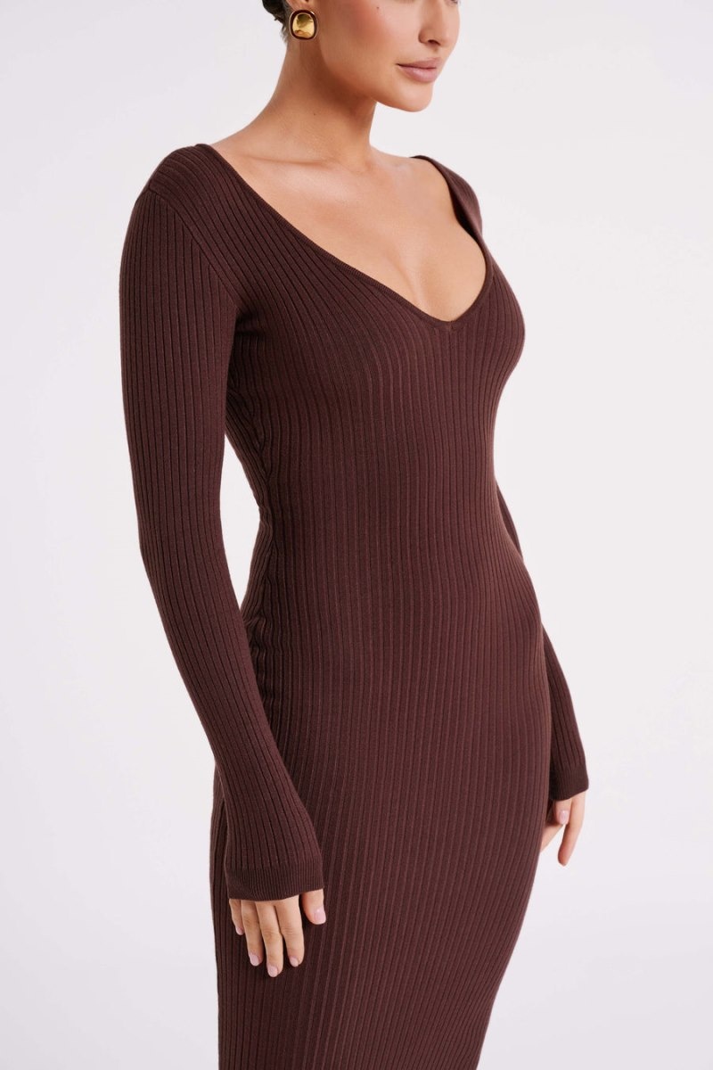 Women's Meshki Nina Long Sleeve Knit Midi Dress Chocolate Australia | B9Z-8841