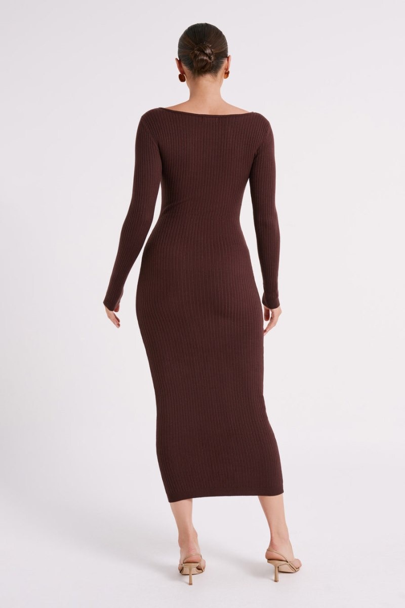 Women's Meshki Nina Long Sleeve Knit Midi Dress Chocolate Australia | B9Z-8841