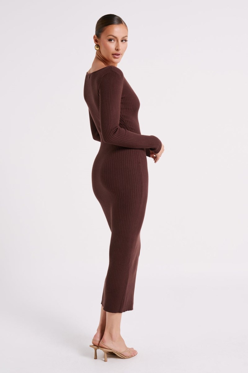 Women's Meshki Nina Long Sleeve Knit Midi Dress Chocolate Australia | B9Z-8841