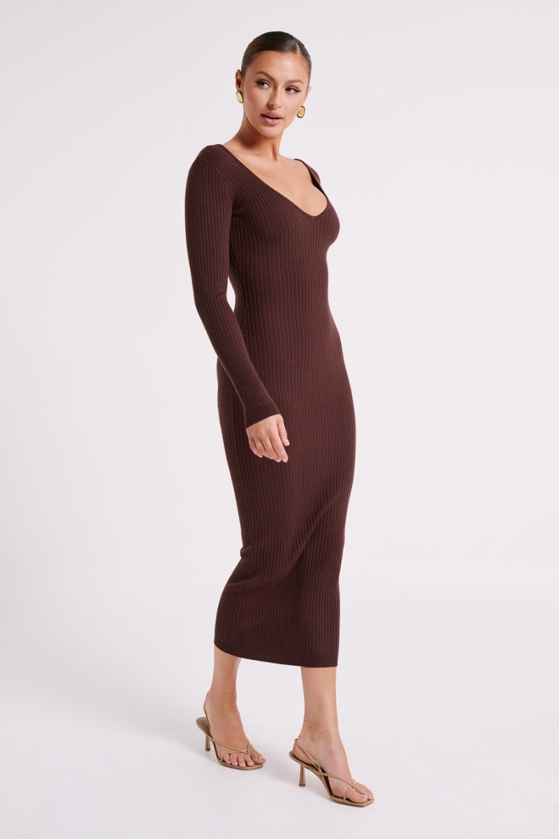 Women's Meshki Nina Long Sleeve Knit Midi Dress Chocolate Australia | B9Z-8841