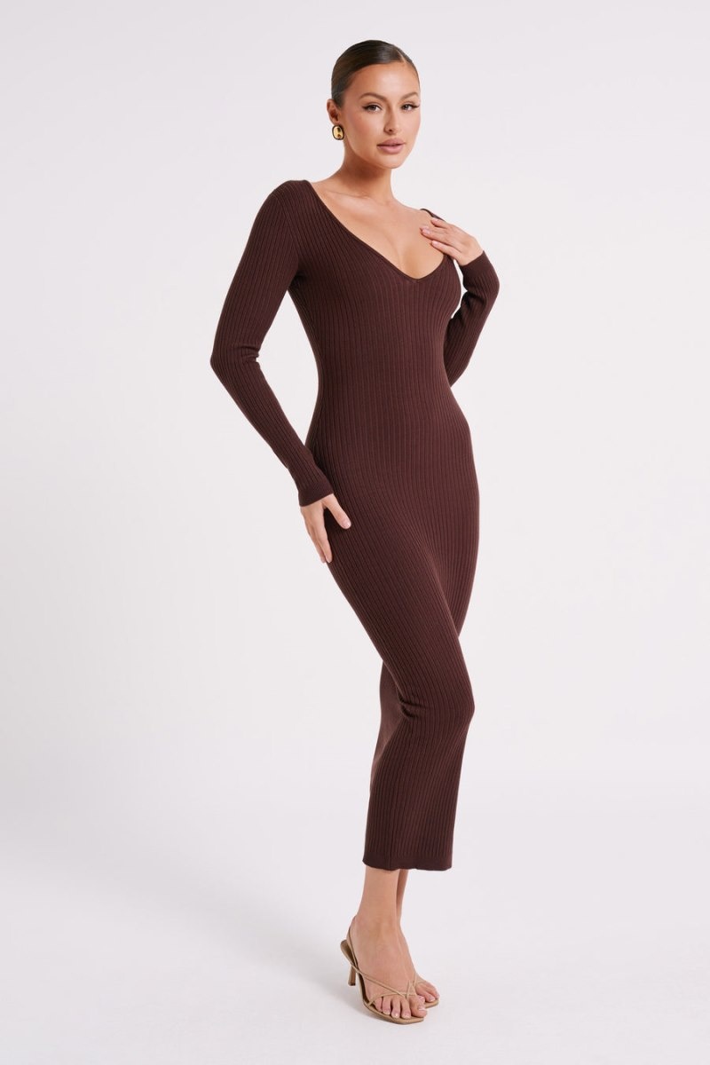 Women's Meshki Nina Long Sleeve Knit Midi Dress Chocolate Australia | B9Z-8841