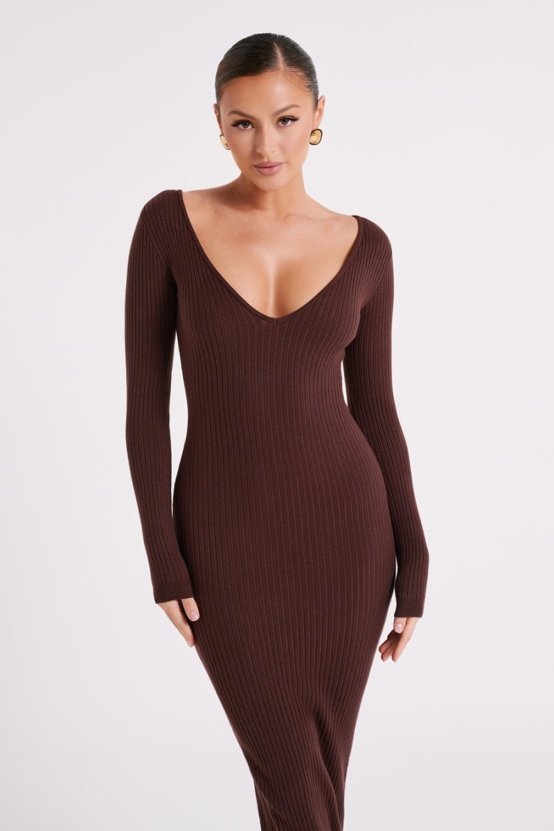 Women's Meshki Nina Long Sleeve Knit Midi Dress Chocolate Australia | B9Z-8841